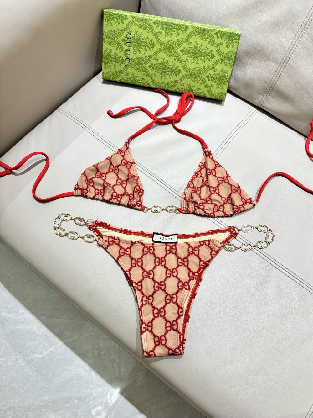 Gucci Beige and Red GG Logo Triangle Bikini Set - Picture 9 of 9